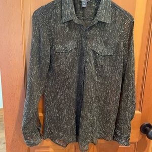 Eddie Bauer - lightweight somewhat sheer olive green and cream top